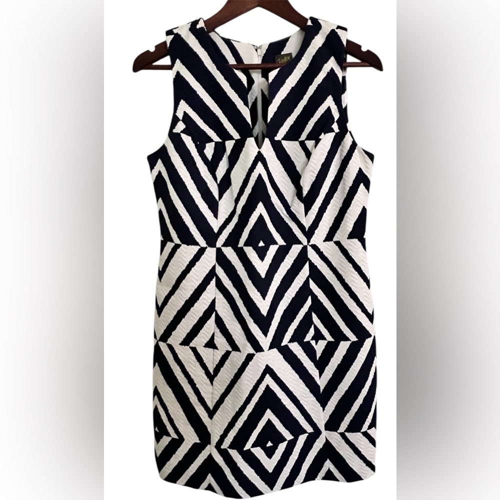 Taylor Textured Sleeveless Blue and White V Neck Geometric Dress, Size 6